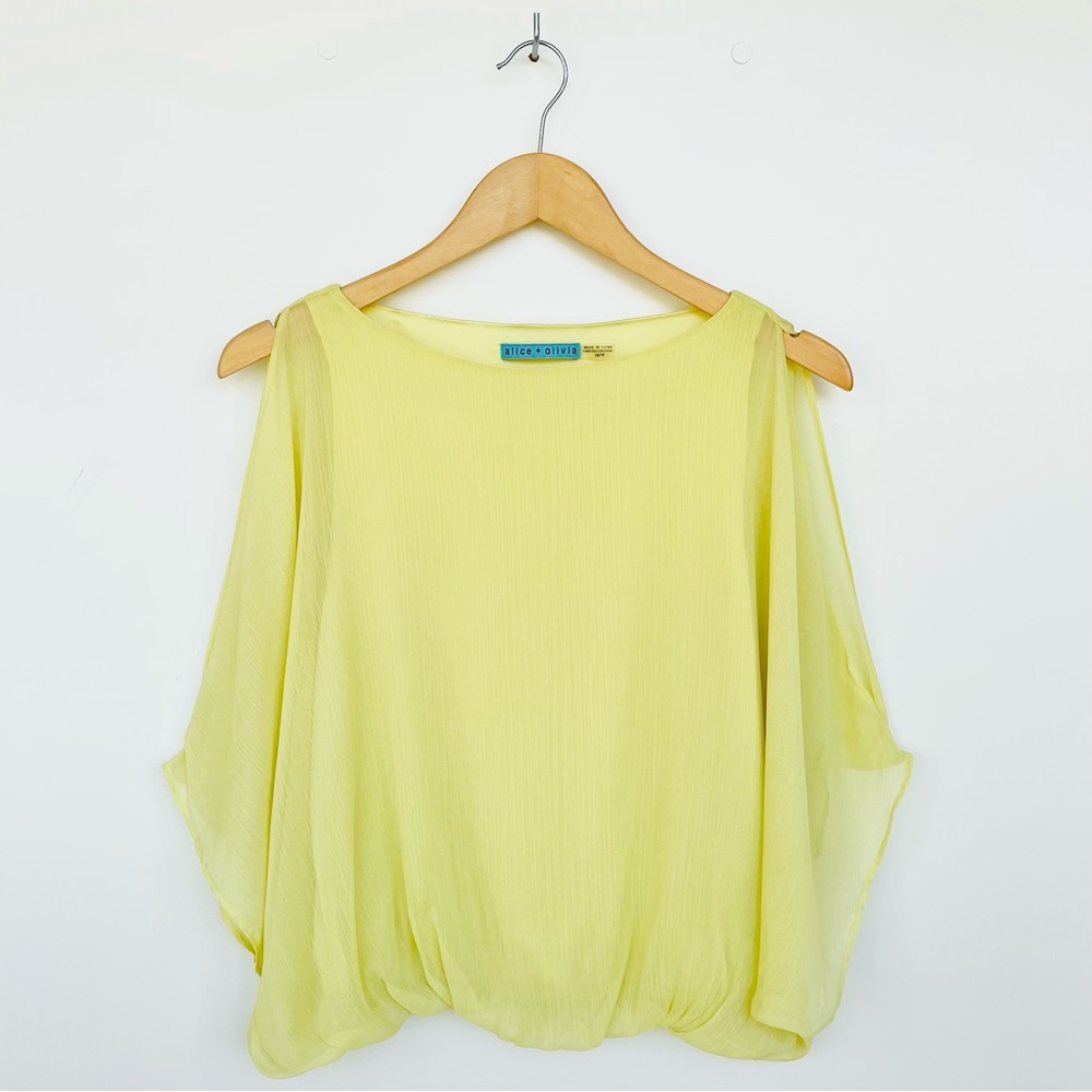 Alice + Olivia Chiffon Blouse Cold Shoulder Dolman Sleeve Boat Neck Textured
